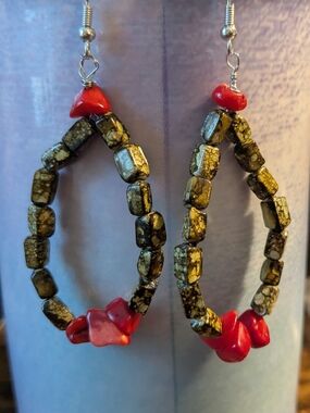 Handmade Camouflage & Red Beaded Hoop Earrings